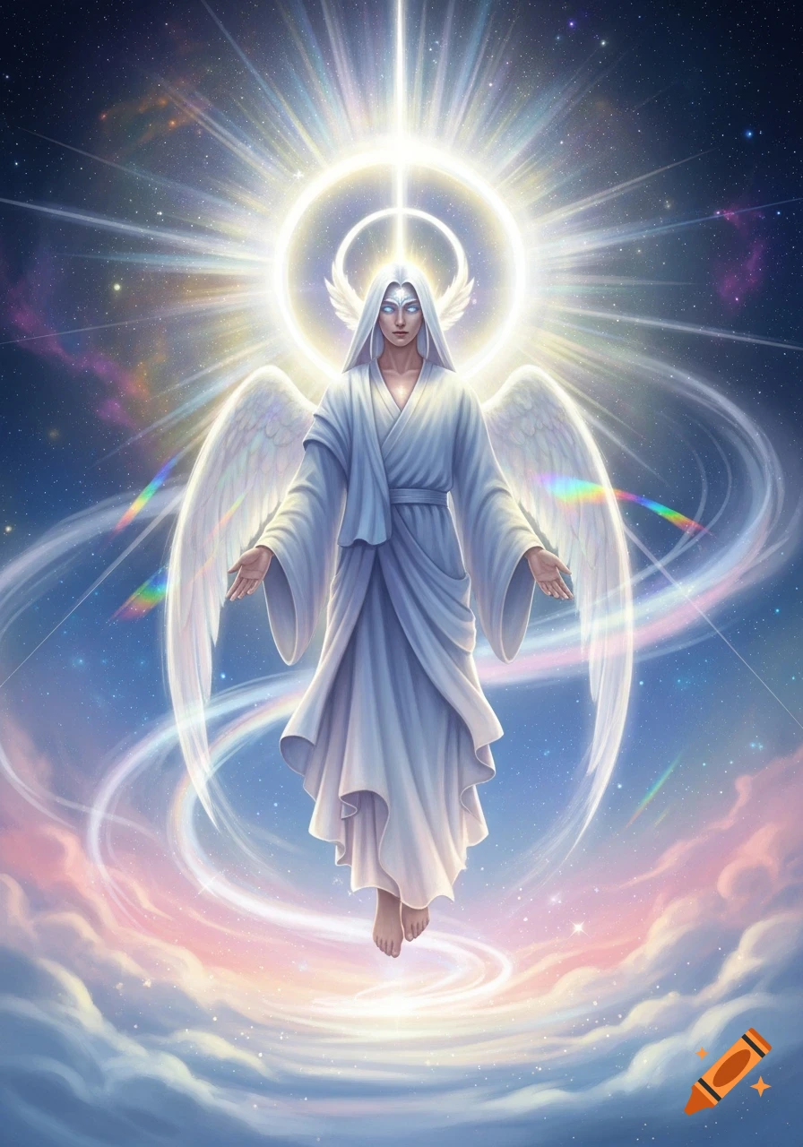 A majestic male angel with glowing white robes and large wings floats in a vibrant cosmic sky, illuminated by a brilliant halo.