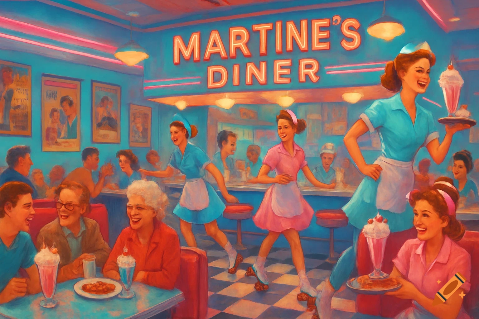 A vibrant, vintage-style painting of a bustling 1950s diner with waitresses on roller skates serving customers milkshakes under a "MARTINE'S DINER" neon sign.