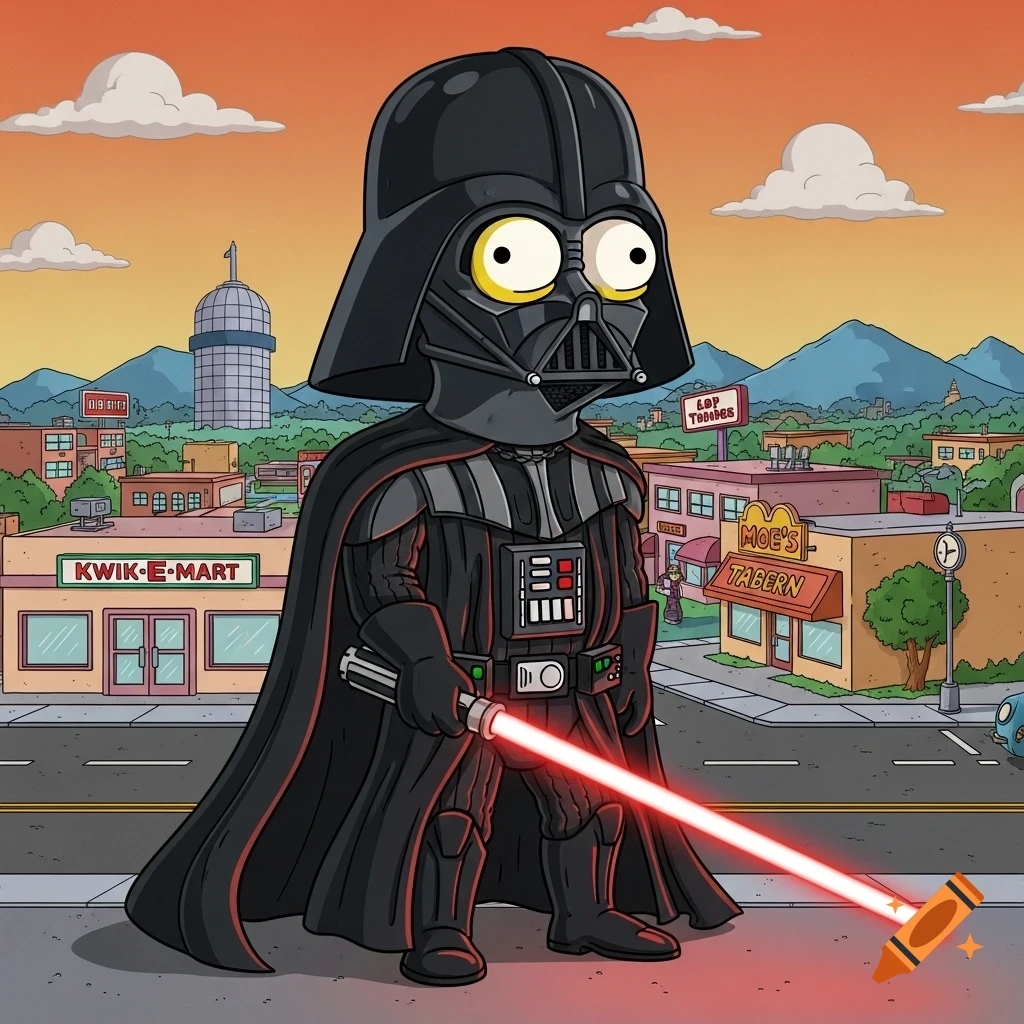 Simpsons-style Darth Vader with a red lightsaber stands on a street with Kwik-E-Mart and Moe's Tavern in the background.