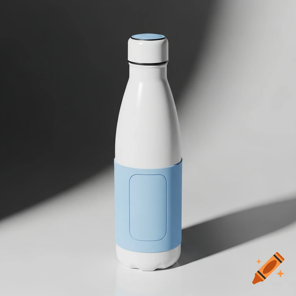 A white stainless steel water bottle with a light blue sleeve and a white lid, casting a shadow on a light surface.