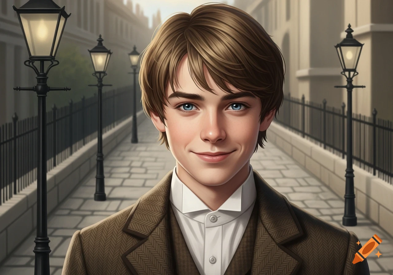 A young man with light brown hair and blue eyes, wearing a brown Victorian suit, smiles on a cobblestone street lined with gas lamps and buildings.