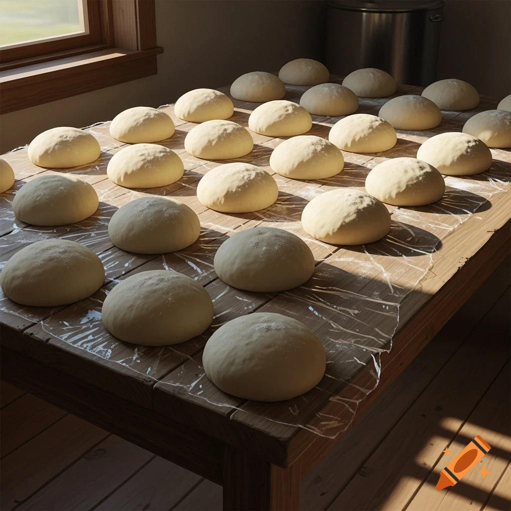 Many round pizza dough balls covered in cling film rest on a wooden table in dappled sunlight, appearing photorealistic.