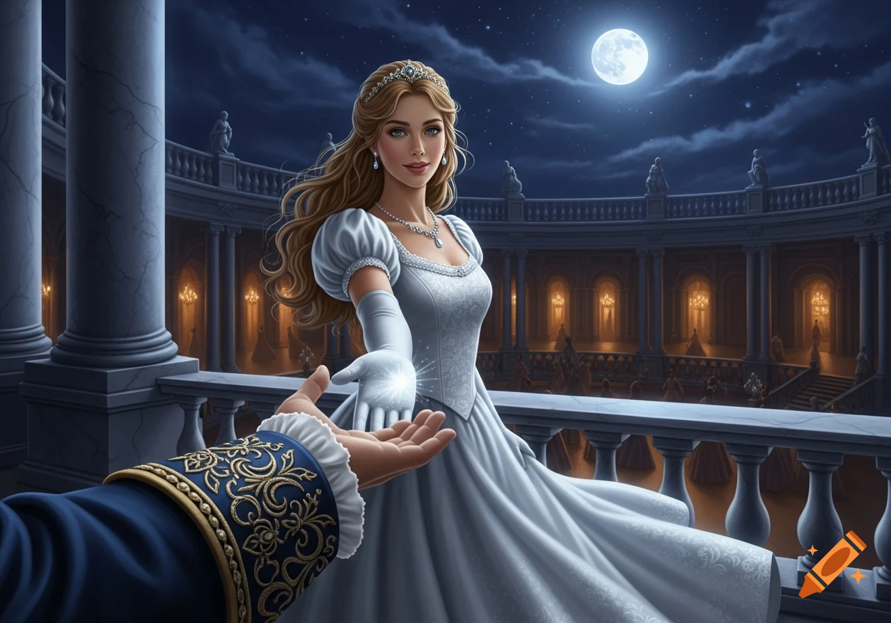 Illustrated fantasy art of a princess in a white gown extending her hand to a prince's hand on a grand balcony under a full moon.