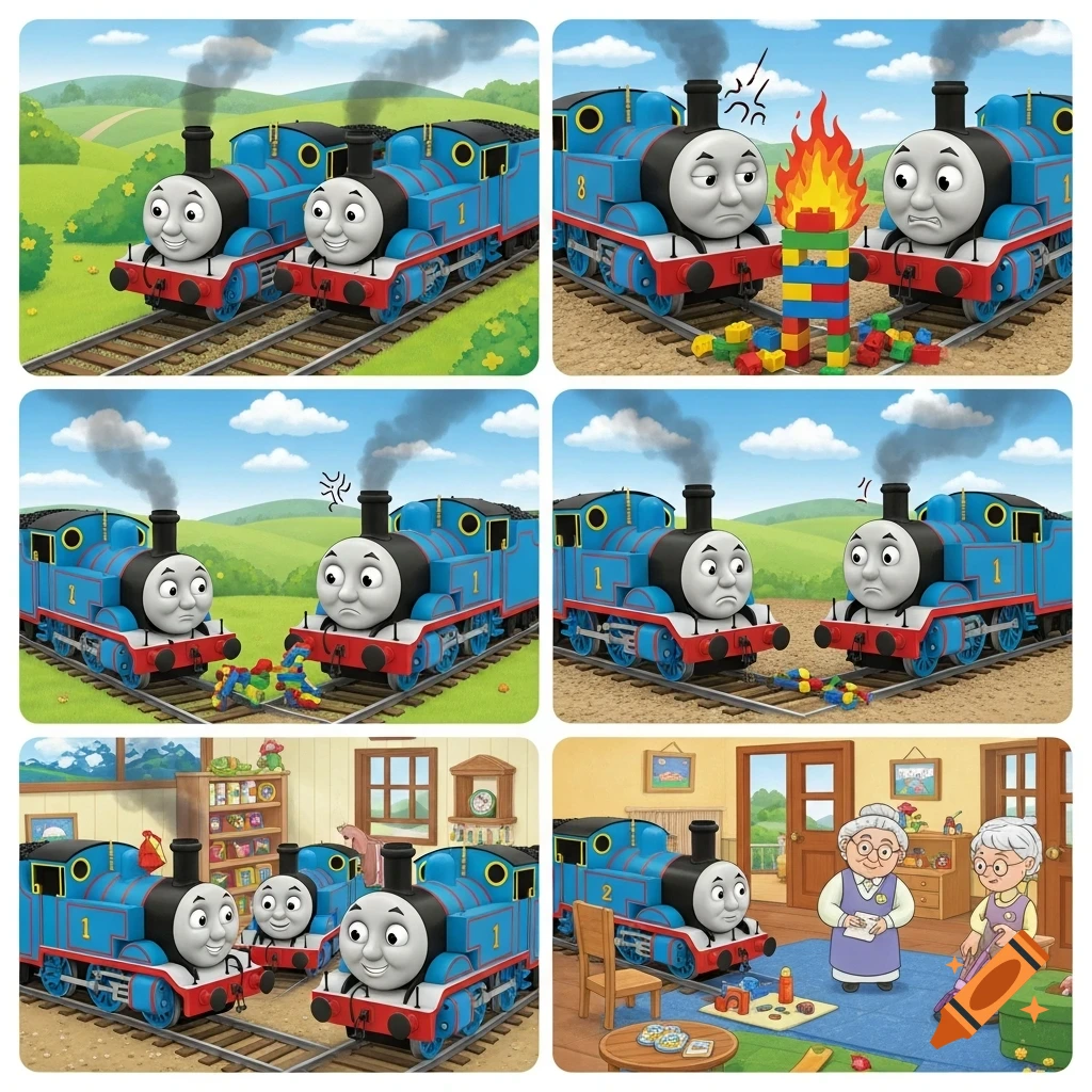 Six-panel cartoon comic of blue trains similar to Thomas the Tank Engine, showing emotions and social interactions, with two elderly women present.