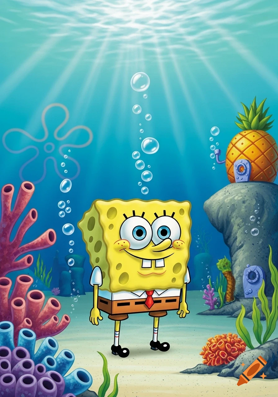 SpongeBob SquarePants smiling underwater with coral, plants, bubbles, and his pineapple house.