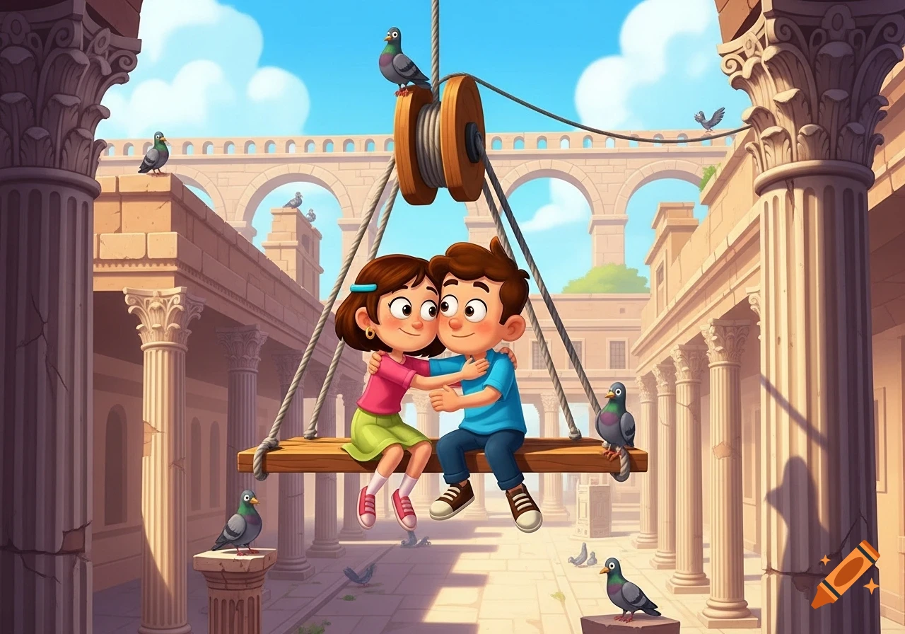 A cartoon boy and girl hug on a wooden swing amidst Roman ruins with pigeons.