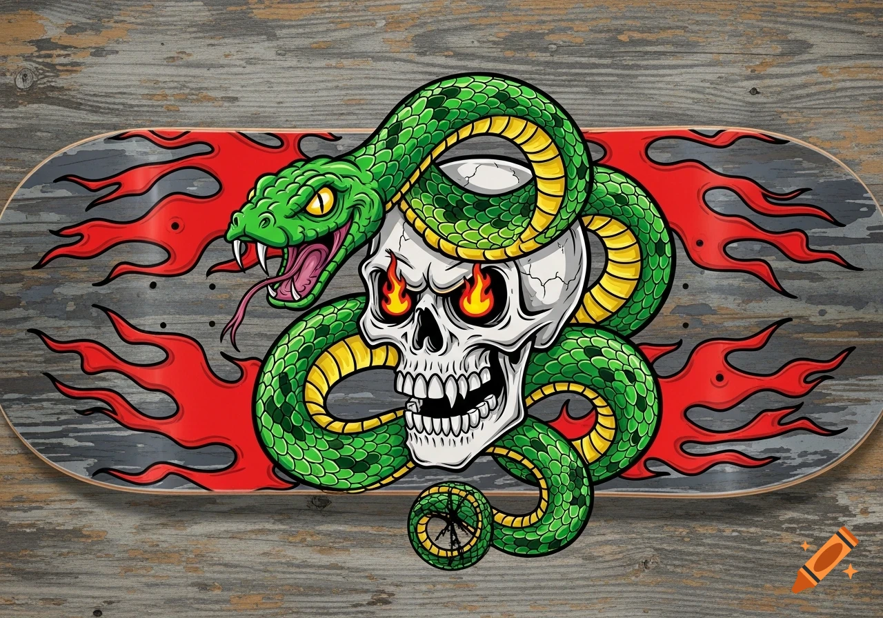 Vibrant cartoon illustration of a green snake coiling around a skull with fiery eyes and red flames on a skateboard.