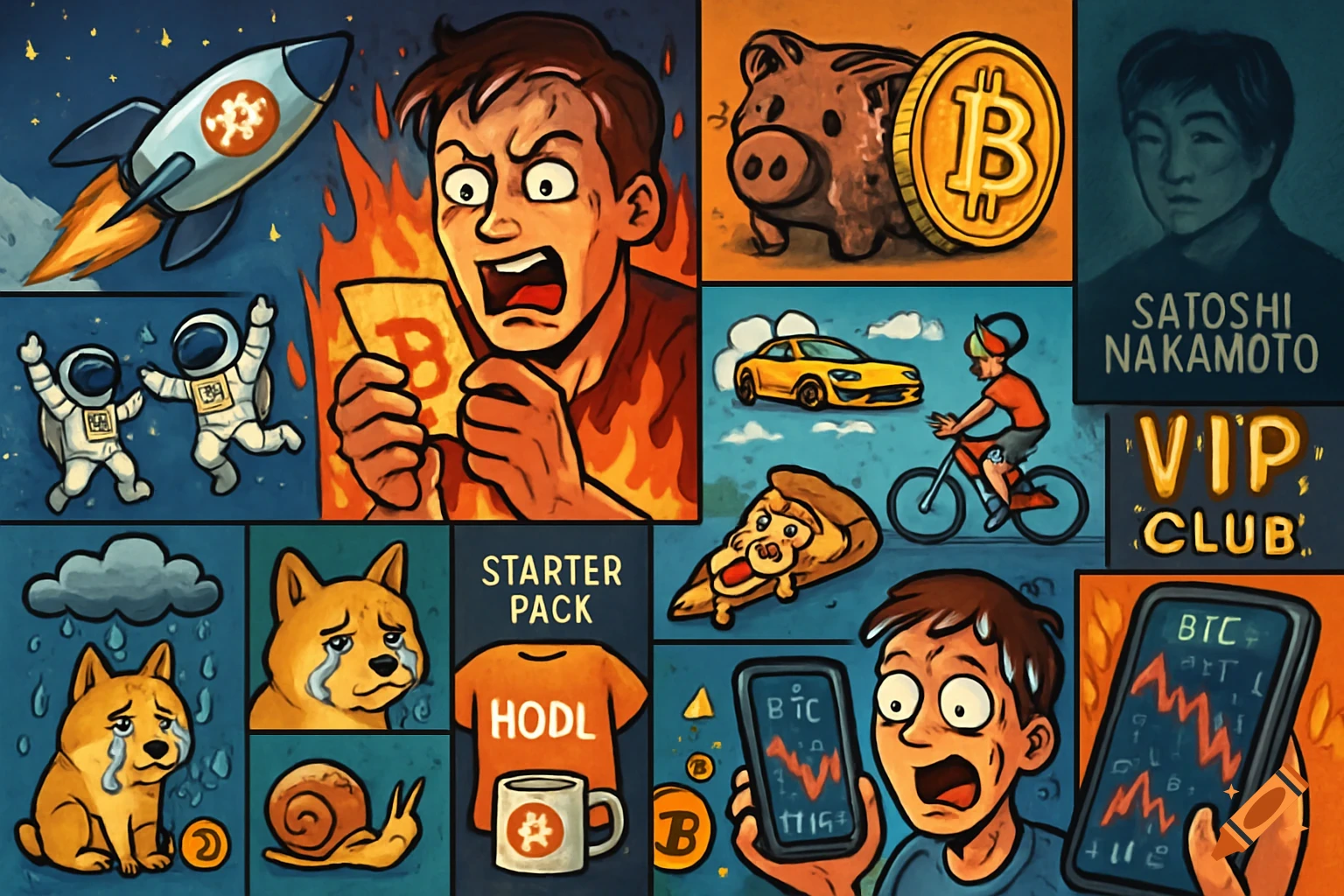 A cartoon collage illustrating cryptocurrency memes, featuring a distressed man, a rocket, crying Doge, Satoshi Nakamoto, and Bitcoin symbols.