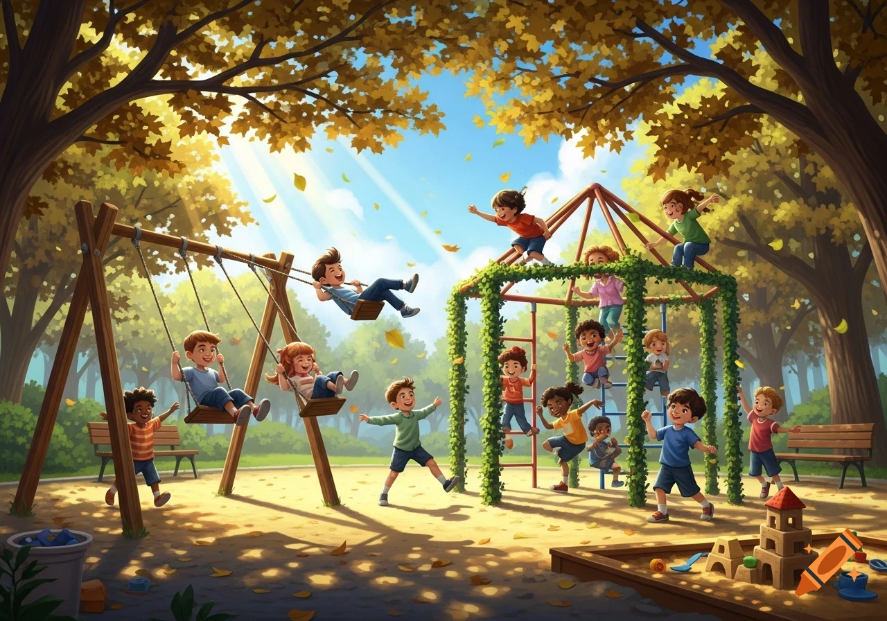 Vibrant illustration of many happy children playing in an autumn park playground with swings, monkey bars, and a sandpit.