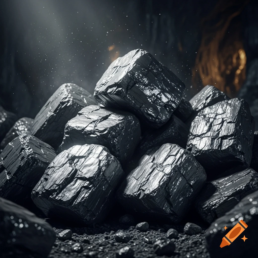 Photorealistic pile of shiny black coal lumps in a dark, dusty setting.