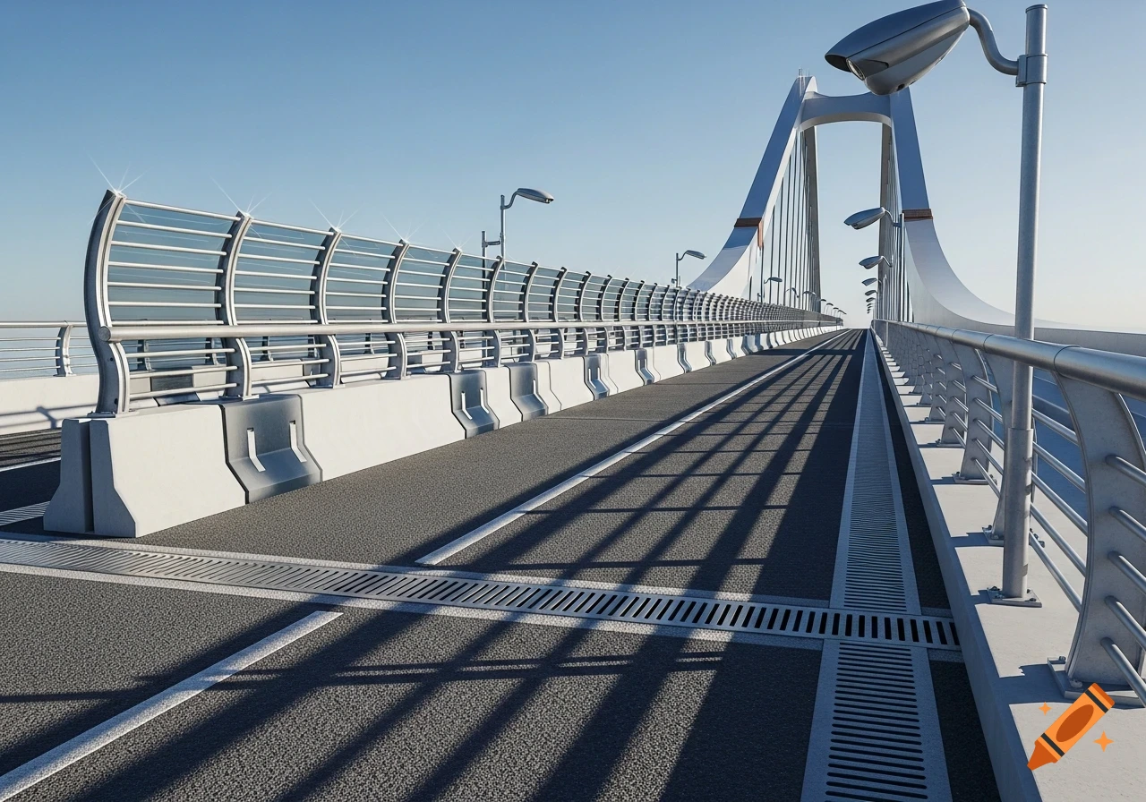 A modern cable-stayed bridge with glass wind deflectors, concrete barriers, metal railings, and drainage grates on the asphalt road, under a clear sky.