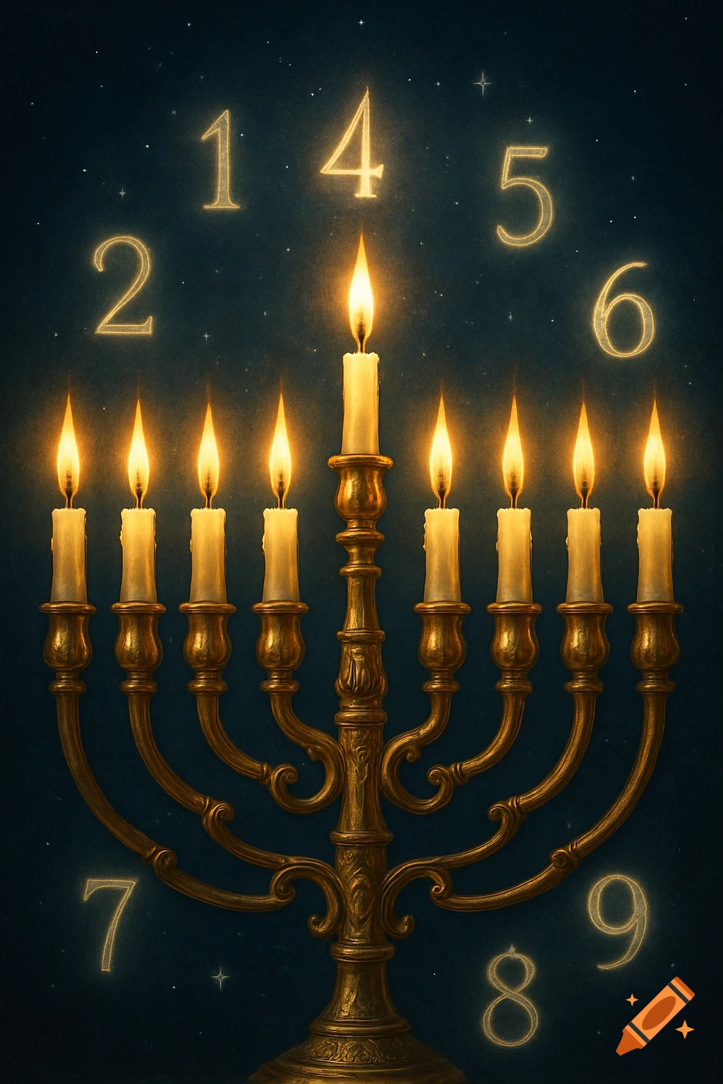 A glowing gold menorah with nine lit candles against a dark, starry background, surrounded by illuminated numbers.