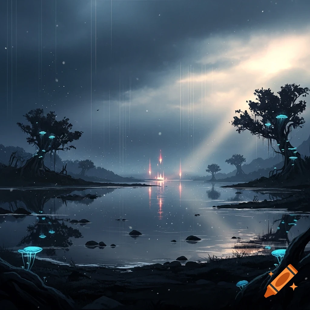 A serene fantasy landscape with glowing blue mushrooms and trees reflected in a calm lake under a dramatic, cloudy sky with light rays and falling rain.