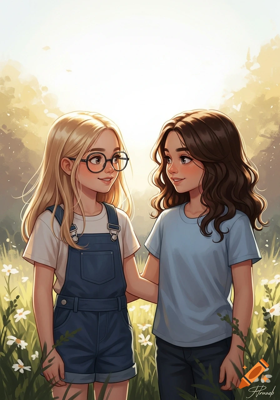 Cartoon illustration of two smiling girls in a sunny field, one blonde with glasses, the other brunette, standing arm-in-arm.