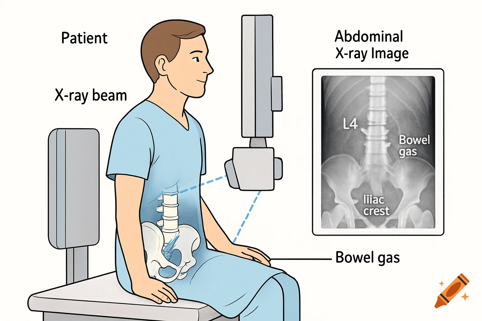 A scientific illustration of a patient undergoing an abdominal X-ray, with an inset showing the X-ray image labeled with anatomical features.