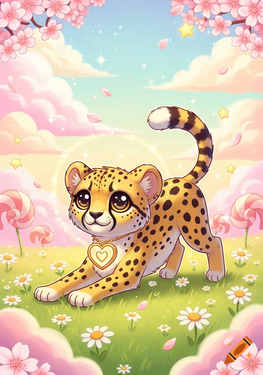 A cute, cartoon baby cheetah wearing a heart pendant, stretching in a whimsical pastel field with daisies, pink clouds, cherry blossoms, and lollipops.
