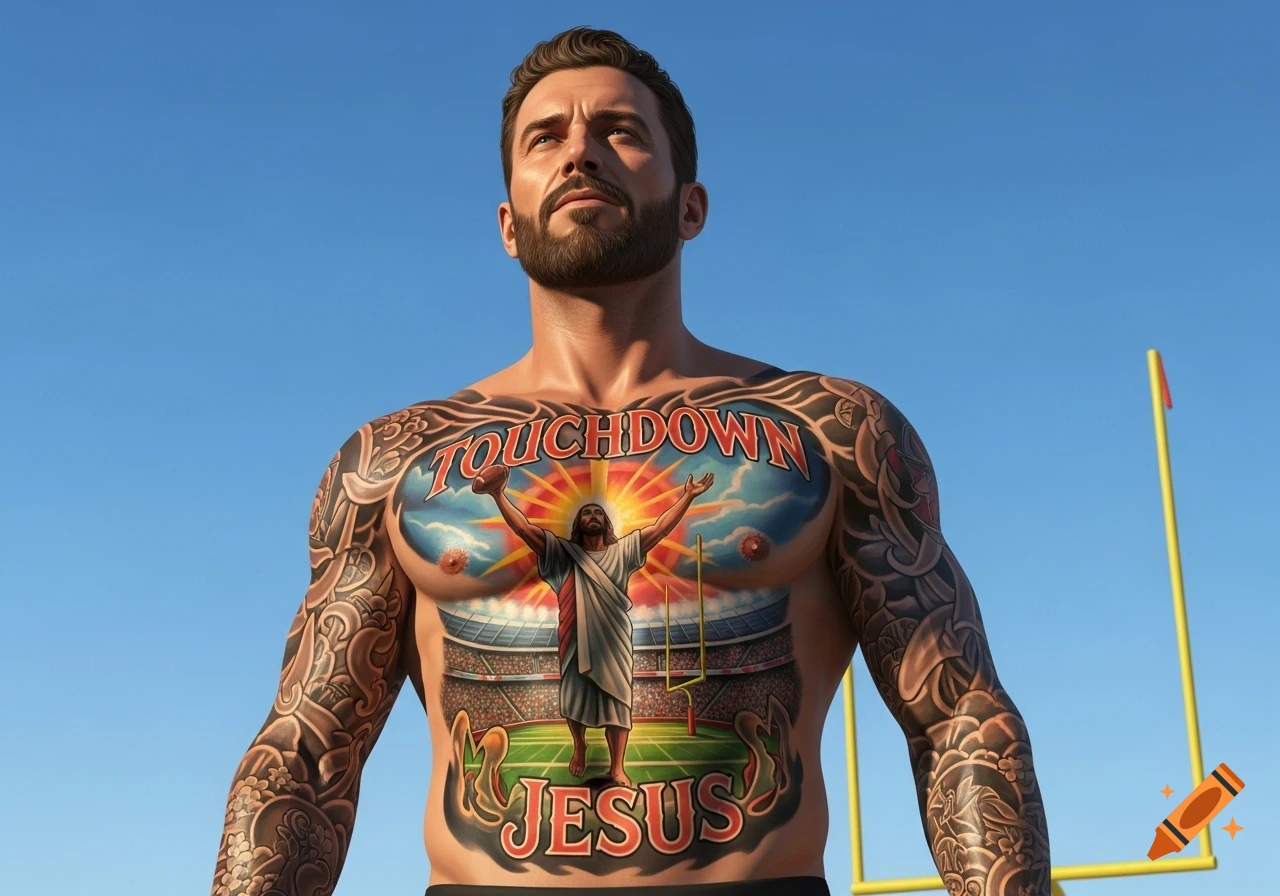 Muscular man with a photorealistic 'Touchdown Jesus' chest tattoo featuring Jesus in a football stadium, under a blue sky.
