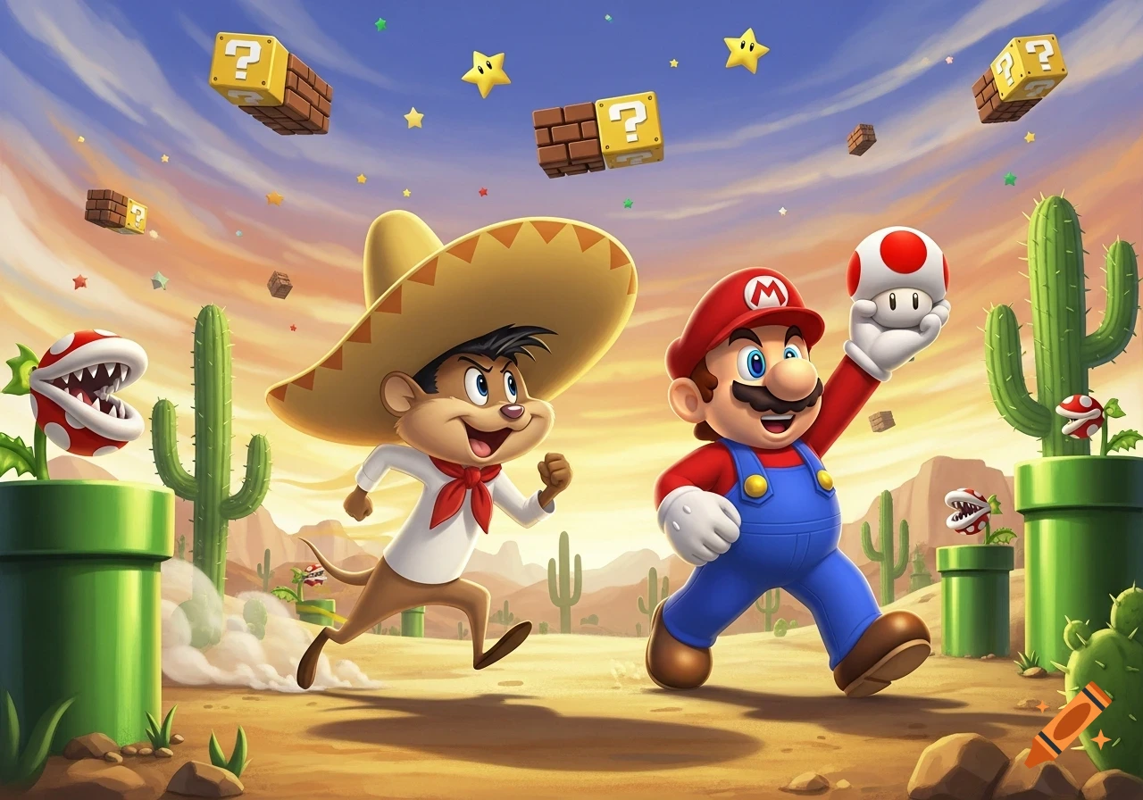 Speedy Gonzales and Super Mario run through a vibrant desert with pipes, cacti, Piranha Plants, and floating Super Mario items.