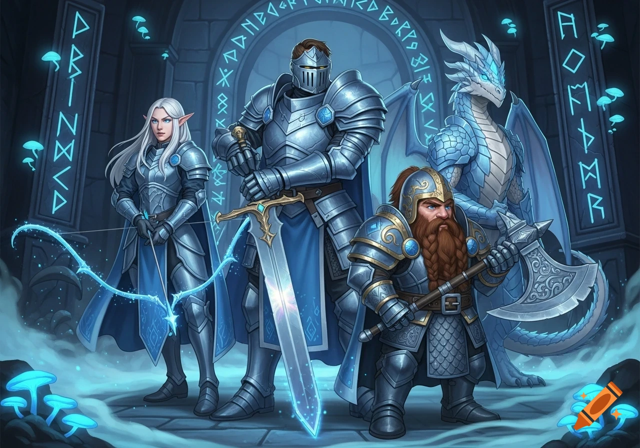 A fantasy party with an elf archer, a human knight, a dwarf axeman, and a blue dragon standing in a dungeon with glowing runes.