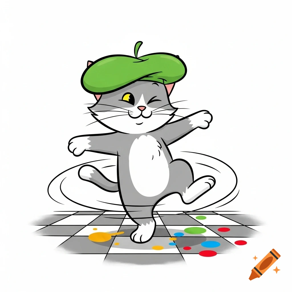 A cartoon cat with a green beret winking and dancing on a checkerboard floor with colorful paint splatters.