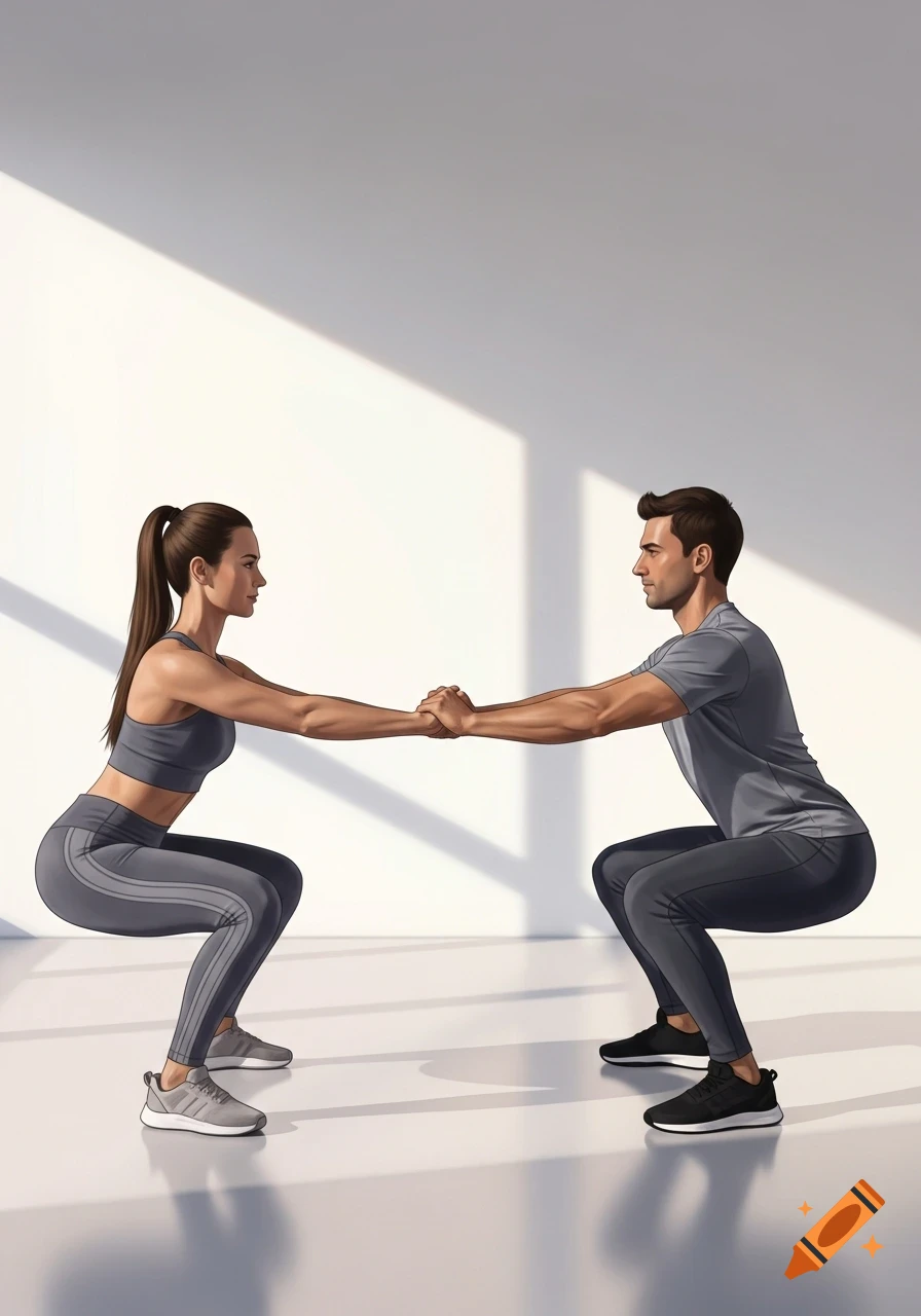 Two people in gray athletic wear face each other, doing squats while holding hands in a bright, minimalist room.