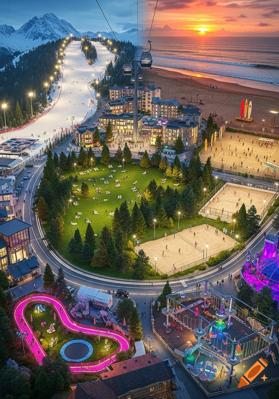Aerial view of a vibrant, surreal resort complex blending a snowy mountain ski slope with a beach at sunset, illuminated at dusk.