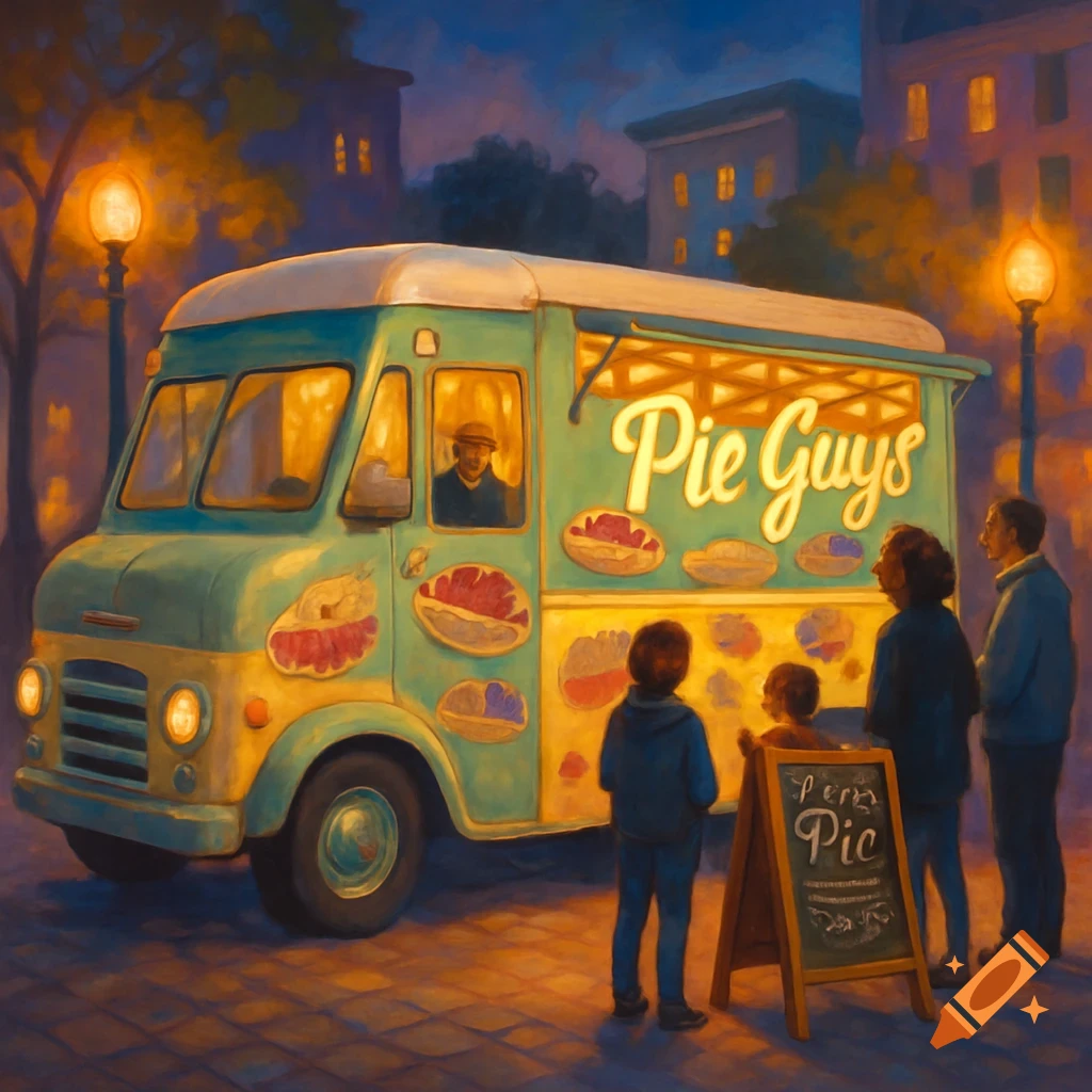 A vibrant painting of a "Pie Guys" food truck at night, illuminated by streetlights, with several people gathered around it.