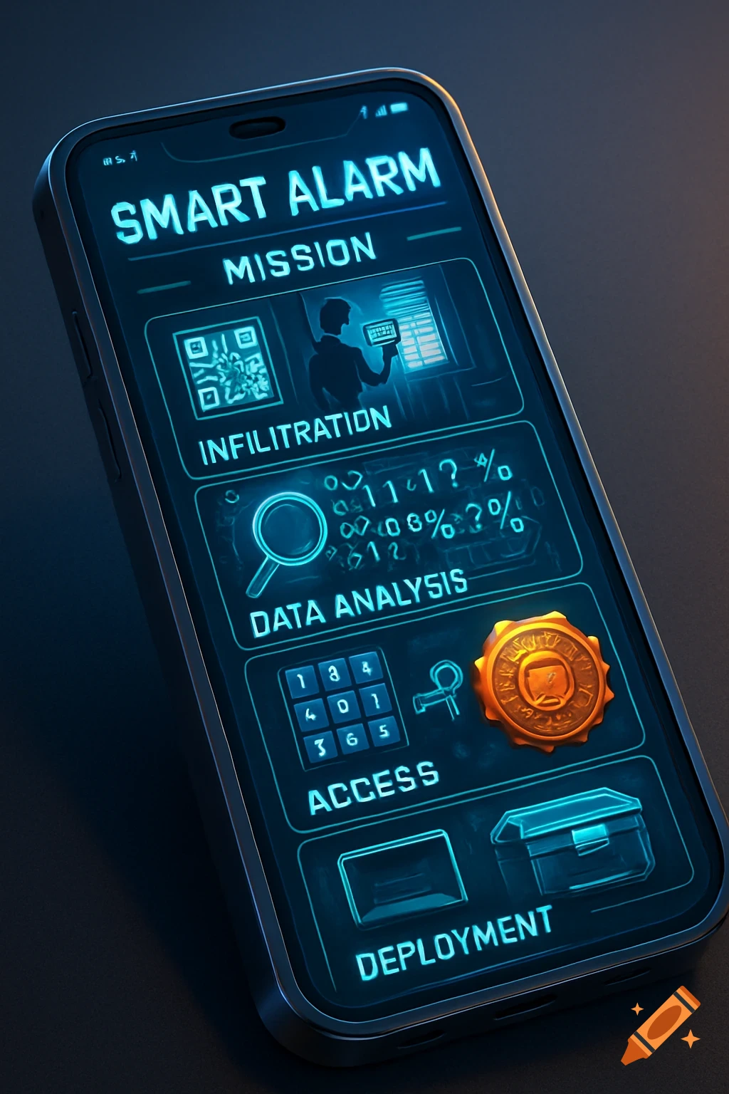 A smartphone displaying a futuristic 'Smart Alarm' app interface with sections for Mission, Infiltration, Data Analysis, Access, and Deployment.