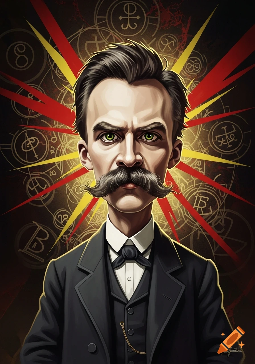 Caricature of philosopher Friedrich Nietzsche with a prominent mustache and green eyes, against red and yellow rays and occult symbols.