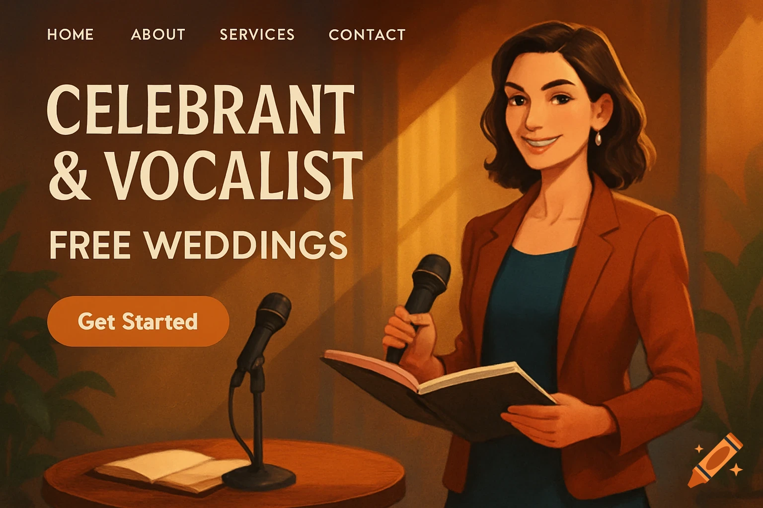 An illustration of a smiling brunette woman holding a microphone and a book, advertising herself as a celebrant and vocalist for free weddings on a homepage banner.