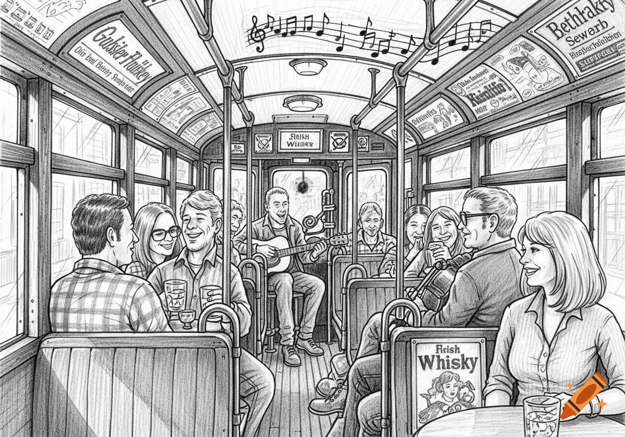A pencil sketch of people playing Irish live music and drinking whiskey on a tram, with passengers smiling.
