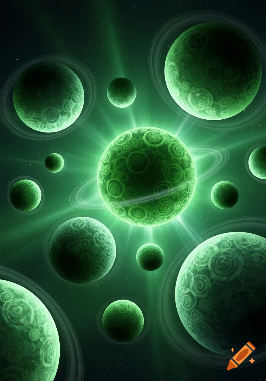A vibrant, glowing green planet with rings is surrounded by many smaller green planets and stars in deep space.