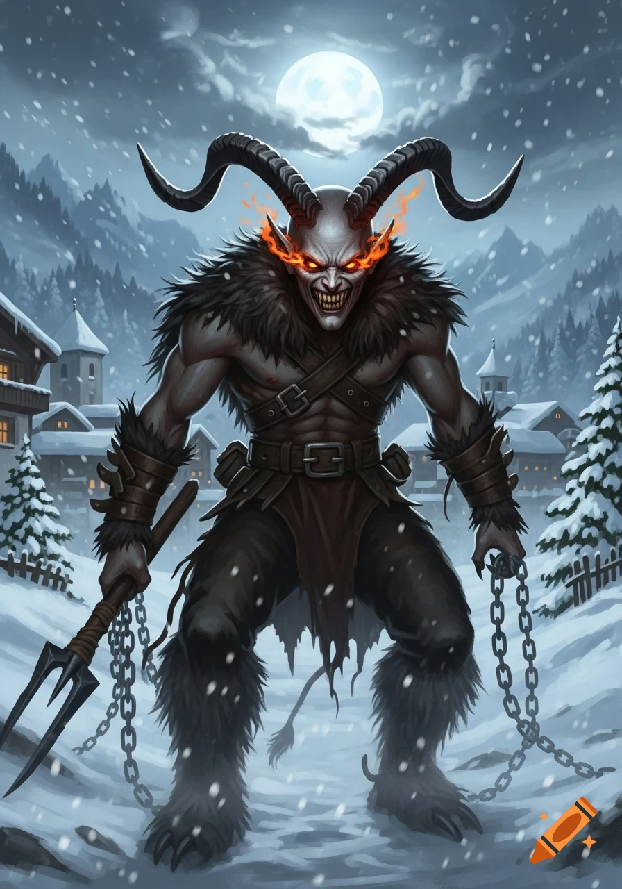 A menacing Krampus with large horns and fiery eyes stands in a snowy village at night, holding a trident and chains.