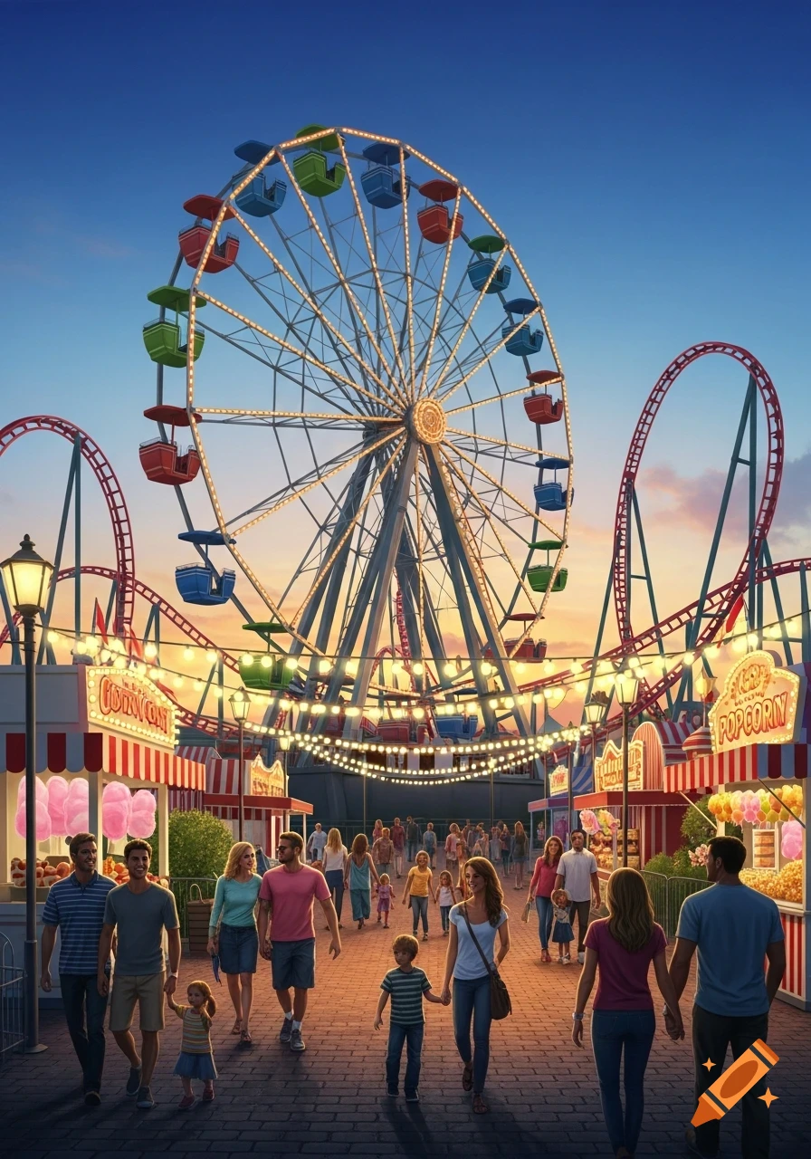 A vibrant amusement park at dusk, featuring a large illuminated Ferris wheel, rollercoasters, concession stands, and people walking on a brick pathway.