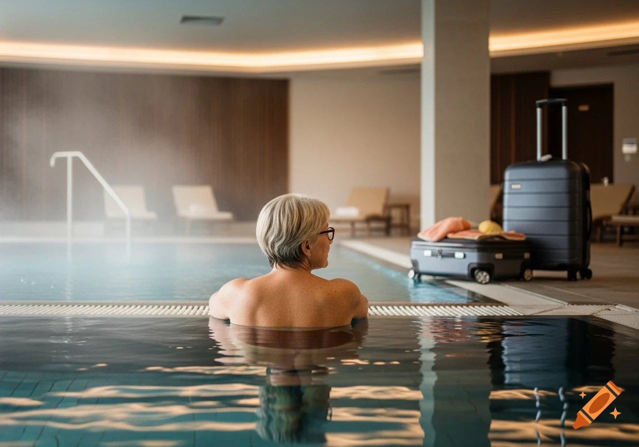 An older woman with short blonde hair and glasses relaxes from behind in a steamy indoor thermal bath, with suitcases nearby.