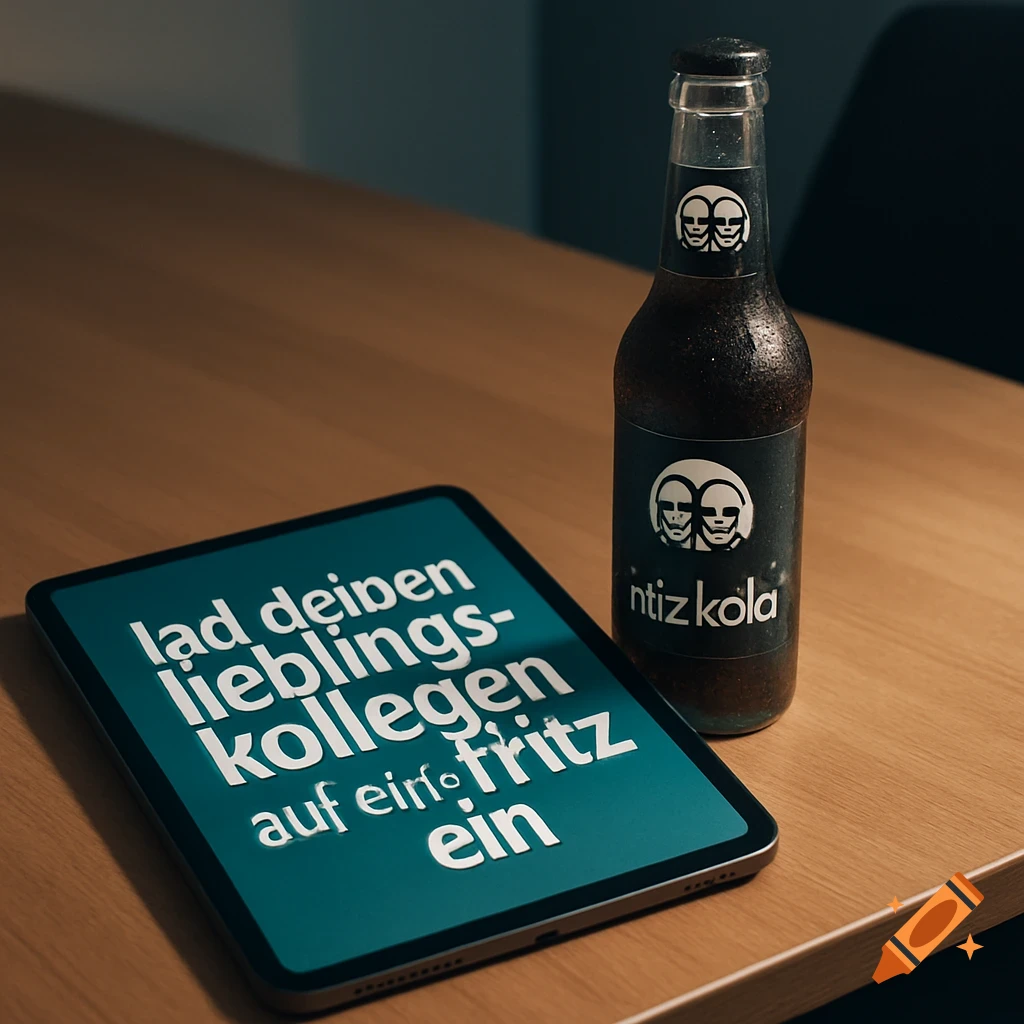 A bottle of fritz-kola soda next to a tablet displaying German text on a wooden table, photorealistic style.