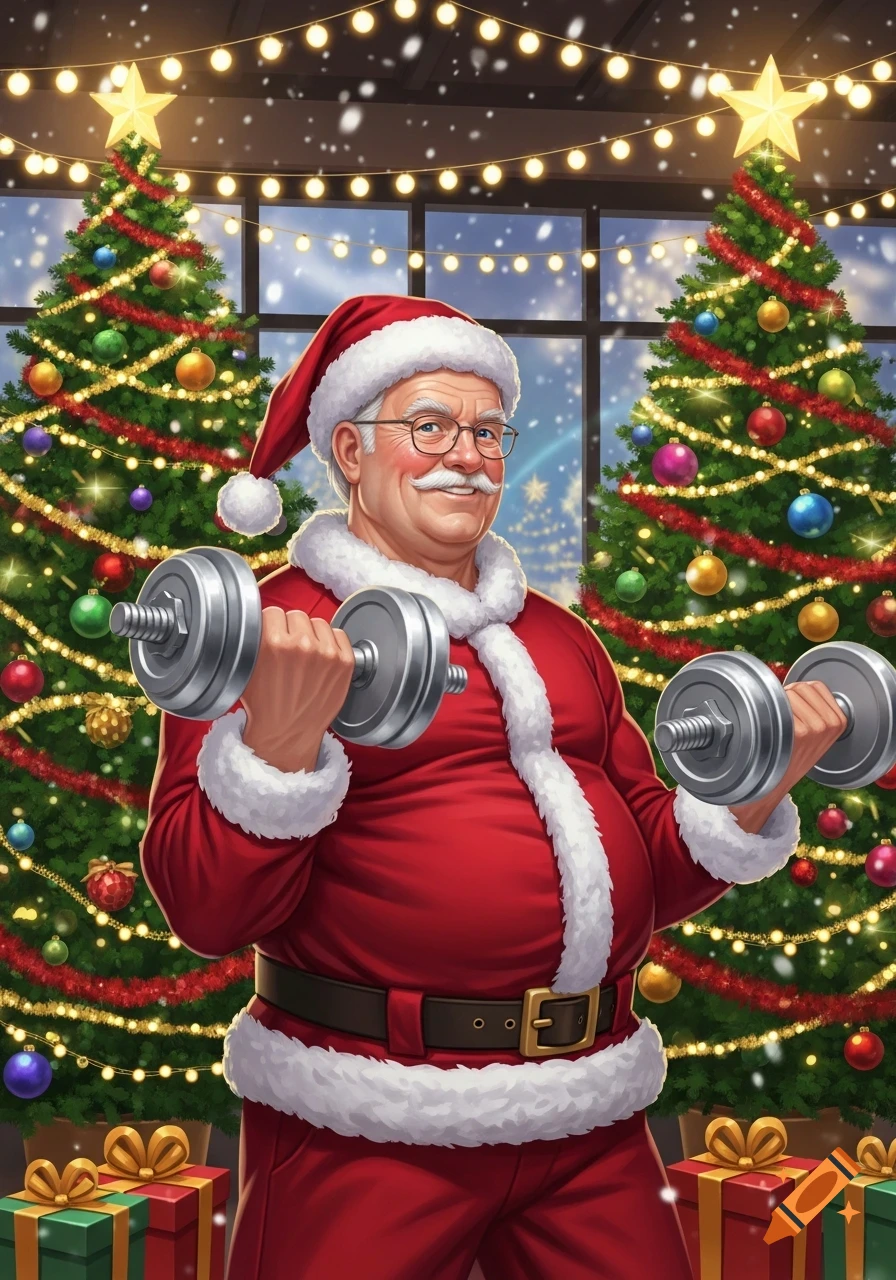 Santa Claus in a Christmas outfit doing a dumbbell workout in front of decorated Christmas trees with falling snow.