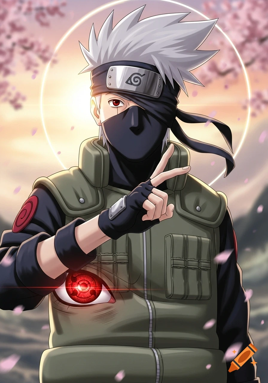 Anime illustration of Kakashi Hatake from Naruto, making a peace sign, with a prominent red Sharingan eye and a glowing background.
