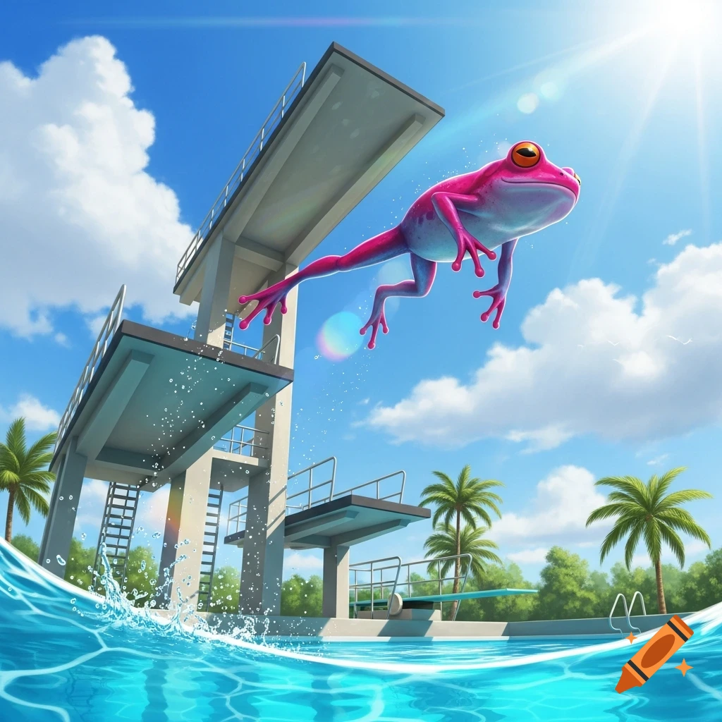 A vibrant pink frog leaps from a high diving board into a sparkling blue swimming pool on a sunny day with palm trees.