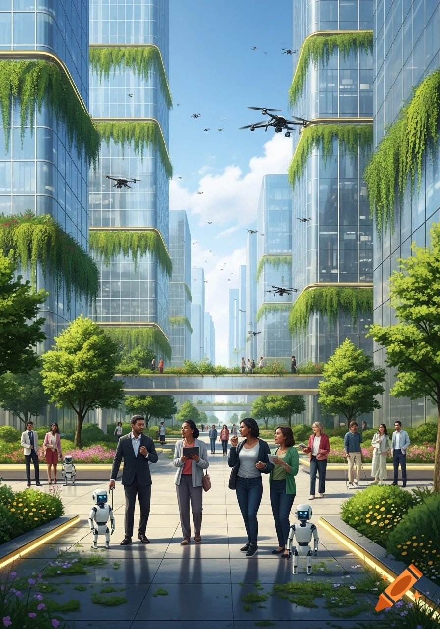 A vibrant futuristic city street features glass skyscrapers with lush vertical gardens, people, companion robots, and drones flying overhead.