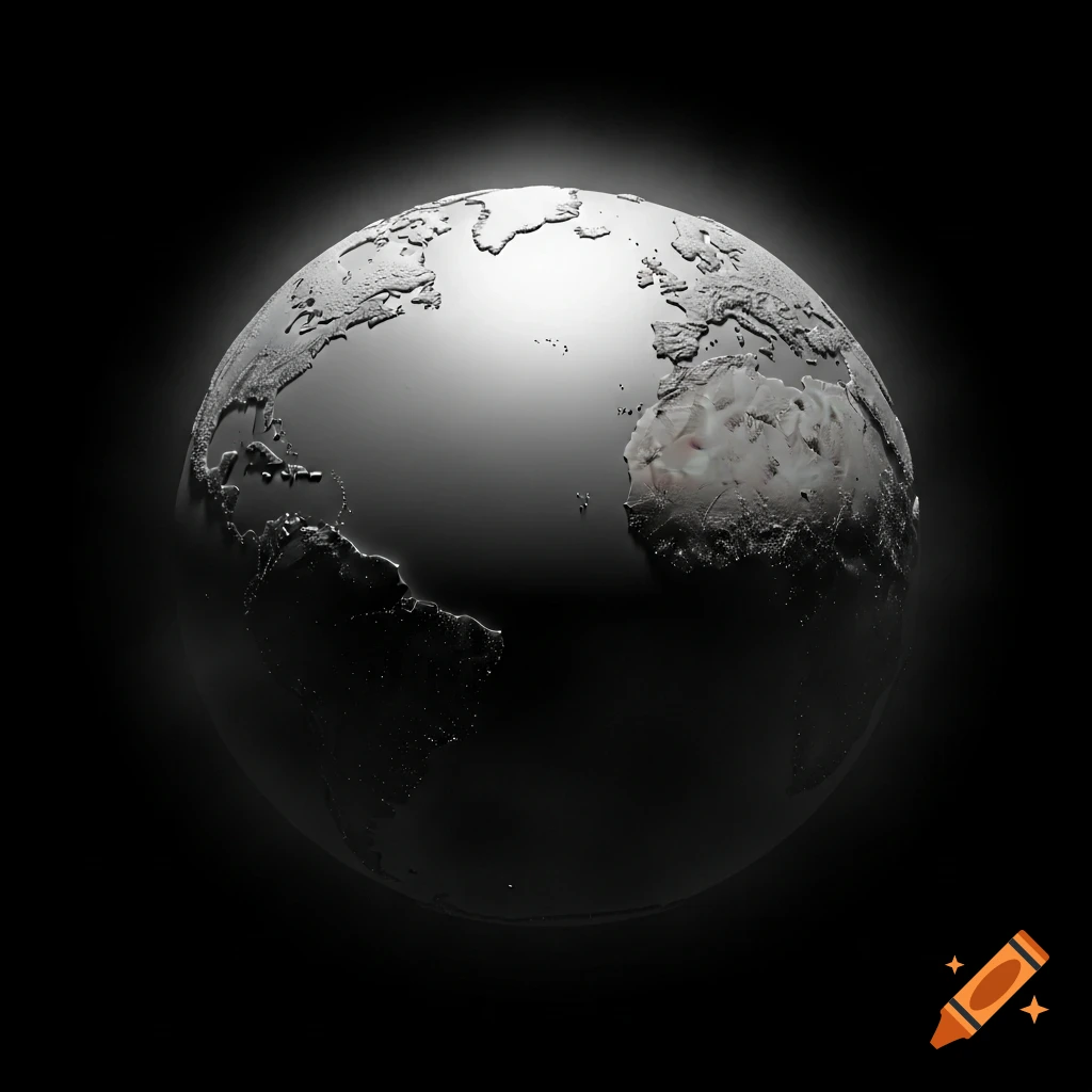 A minimalist grayscale Earth globe, brightly illuminated from the top, against a dark background.