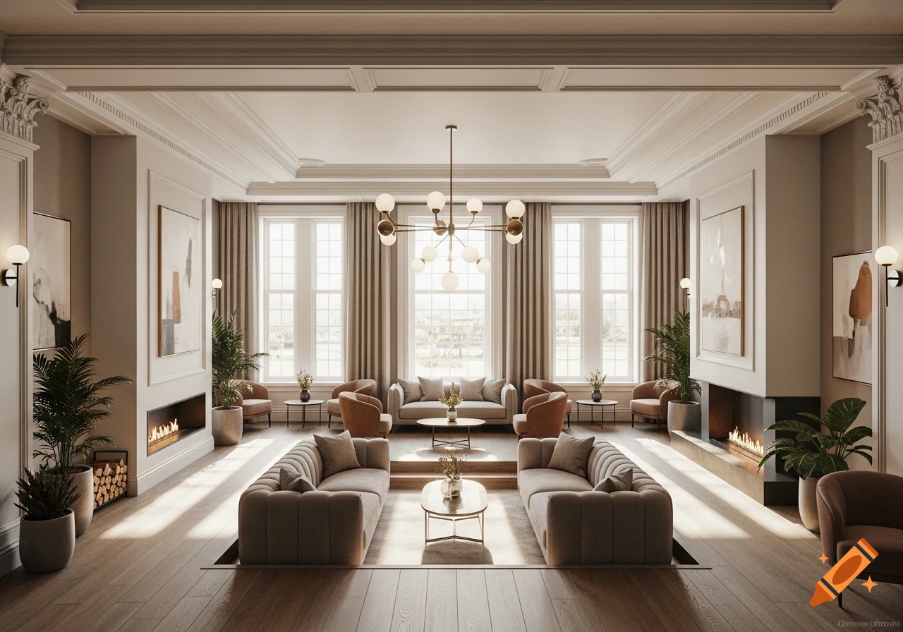 A luxurious, high-ceiling modern living room with large windows, fireplaces, taupe sofas, armchairs, and a prominent chandelier.