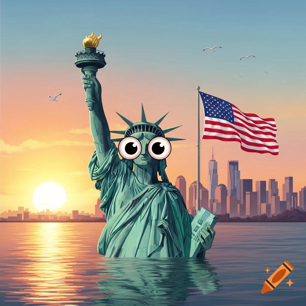 The Statue of Liberty with large googly eyes stands in water at sunset, with an American flag and a city skyline in the background, in an illustrative style.