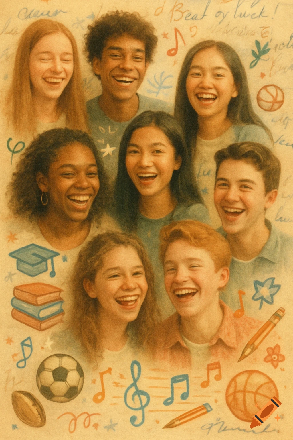 Illustration of seven diverse, laughing teenagers on a light background with school-themed doodles like books and sports equipment.
