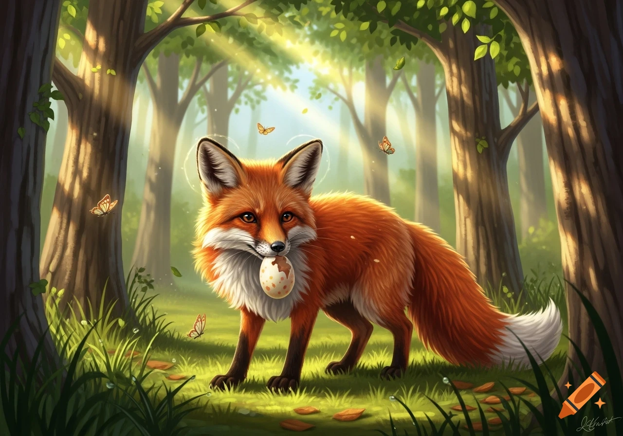 A cute red fox holds a cracked Easter egg in its mouth, standing in a ...