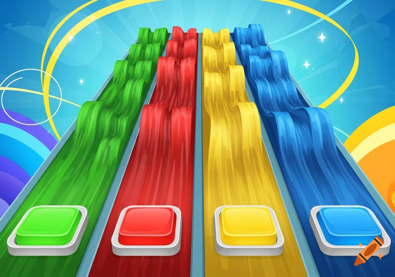 Cartoon game stage with four colorful vertical lanes (green, red, yellow, blue) leading to matching press buttons.