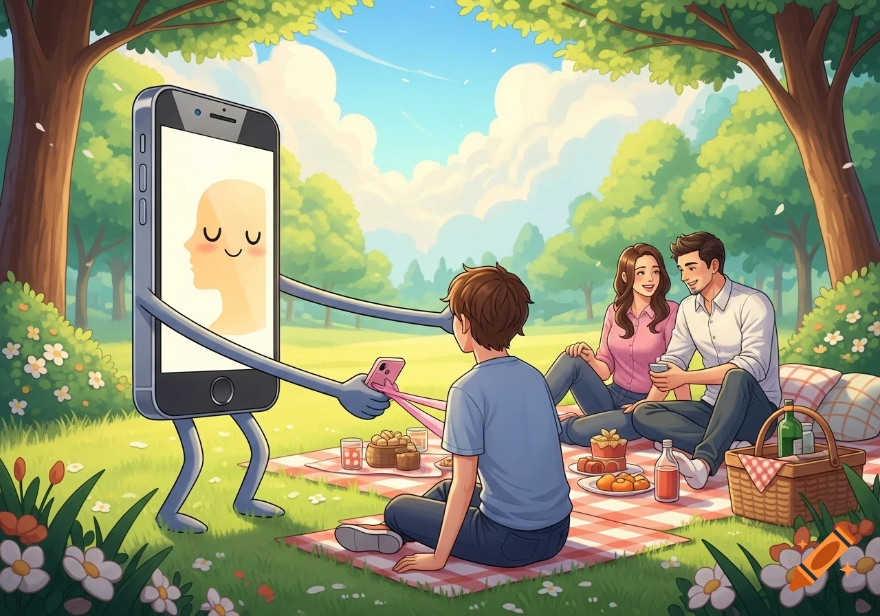 Cartoon of a smartphone with arms and legs holding back a person from a couple picnicking in a sunny park.