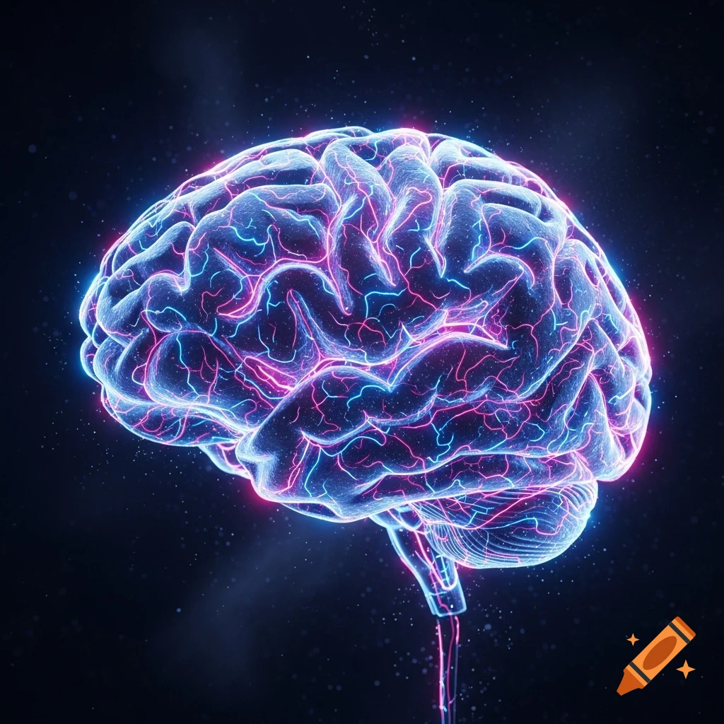 A stylized human brain glows with blue and pink neon lights against a dark, speckled background.