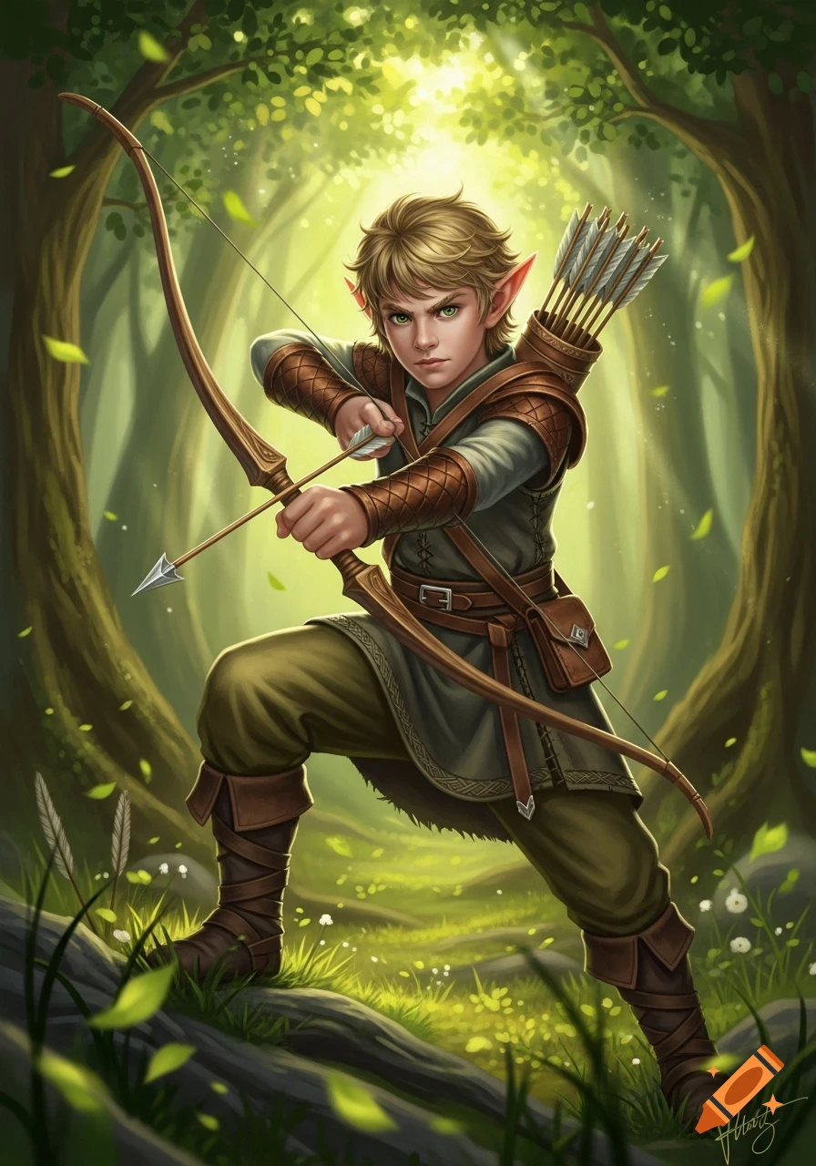 A young elf boy with blonde hair and green eyes, holding a bow and arrow, stands in a bright, sunlit forest.