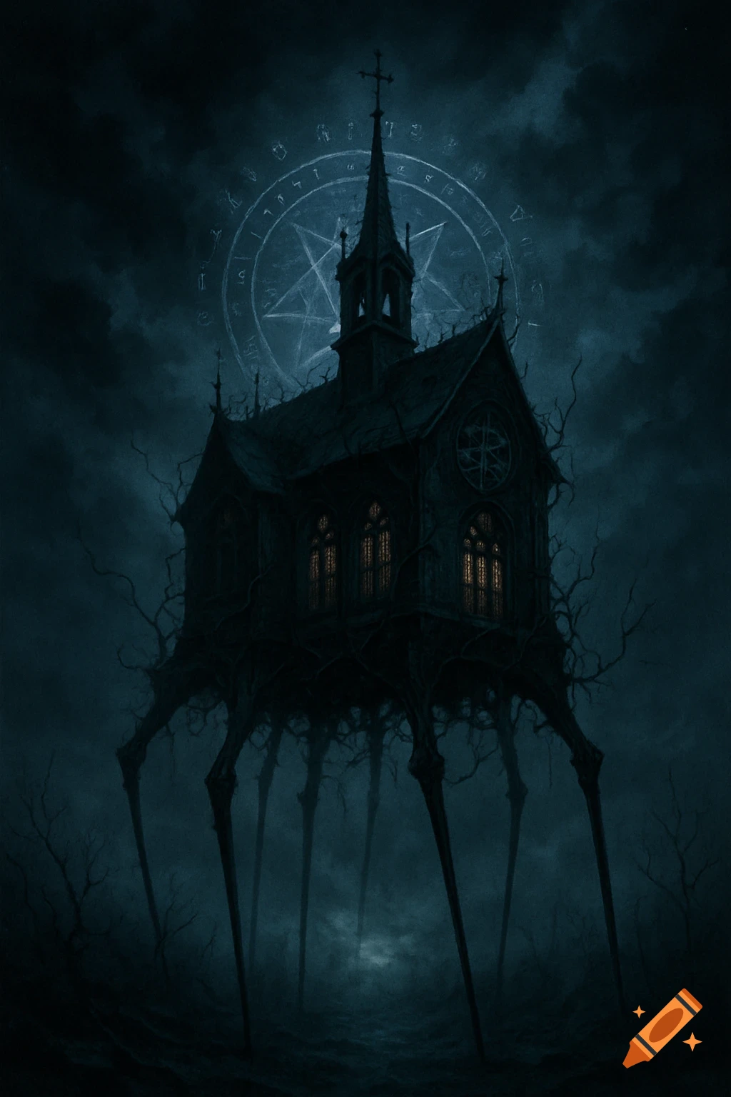 A dark, gothic church stands on long, spindly spider-like legs in a misty, dark landscape under a stormy sky with a glowing pentagram emblem.